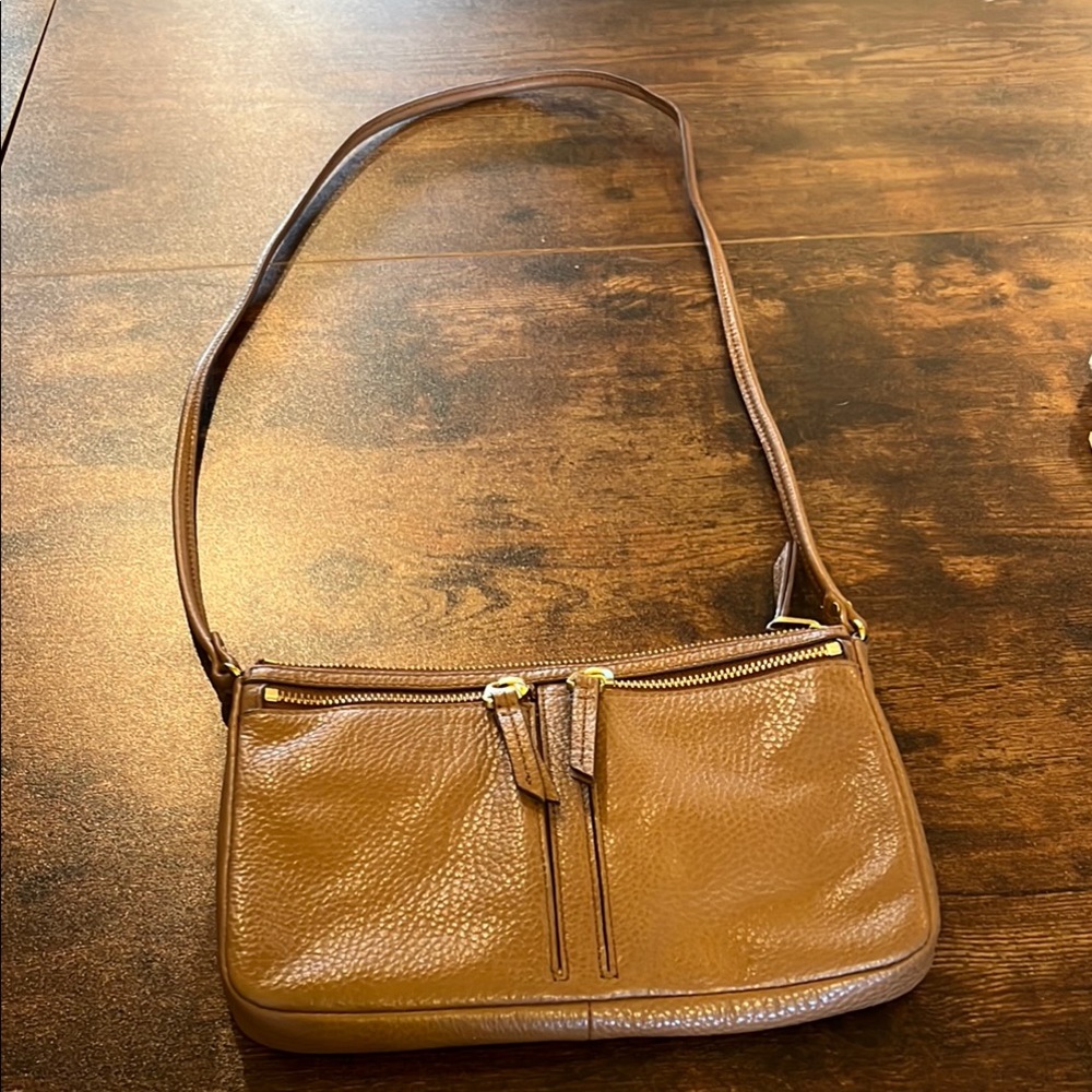 Tan Leather Crossbody with Dual Zippers - Picture 2 of 5